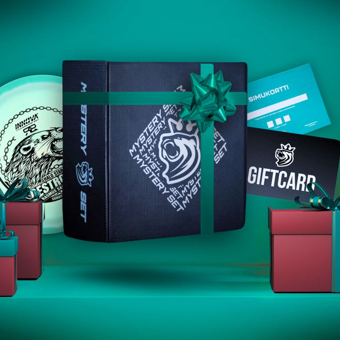 Joululahjat frisbeegolfaajalle: Mystery Set Black Edition, Halo Star Destroyer, lahjakortti ja simukortti